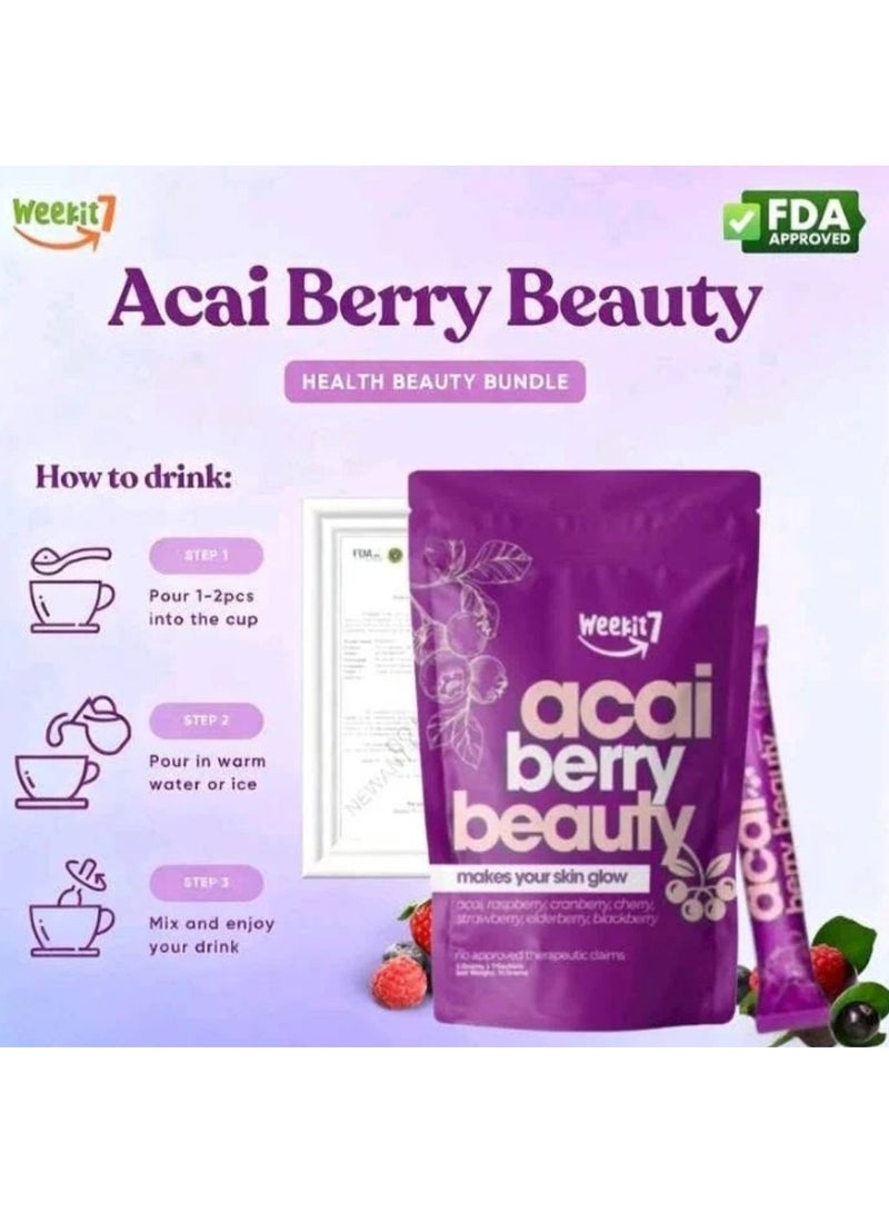 الأسبوع السابع عبوتان من بودرة الجمال من الآساي والتوت البري - بشرة مشرقة، مضادة للشيخوخة، غذاء خارق للتخلص من السموم للنساء - دعم طبيعي للتوهج، 35 جم *2 - Image 4